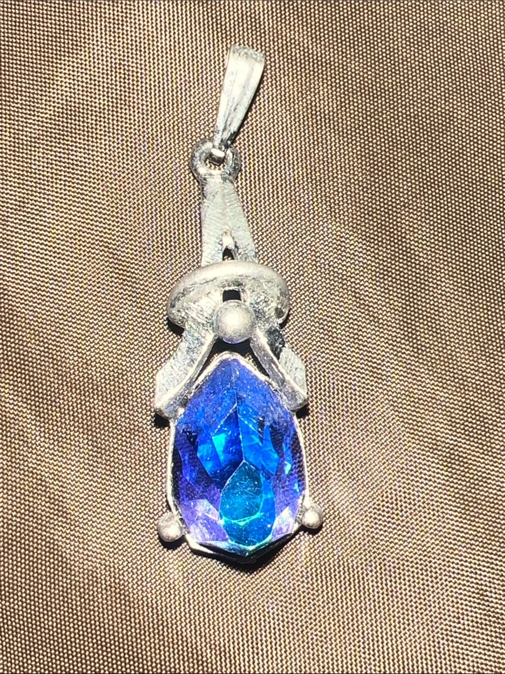 Sarah Coventry ,Silver Pendant  with Blue Heliotrope Teardrop Crystal